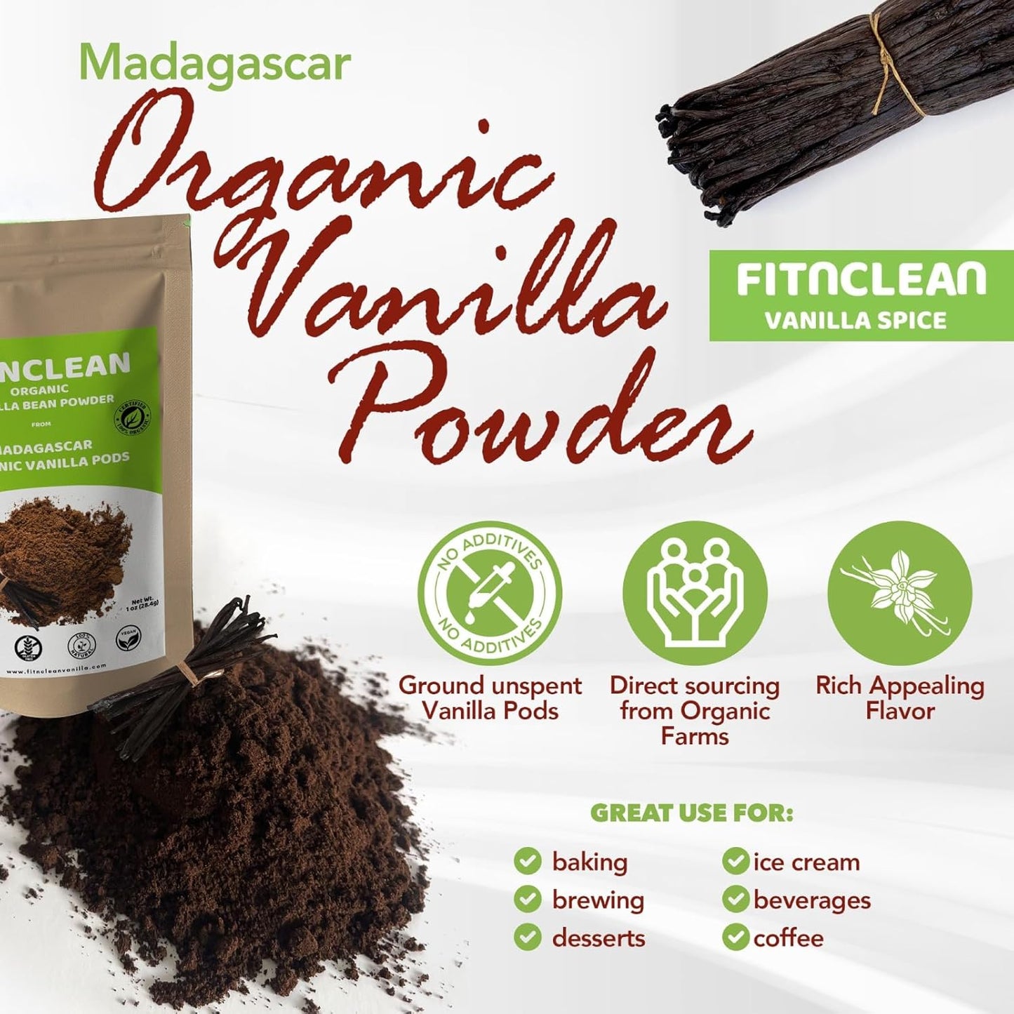 2oz Organic Madagascar Vanilla Bean Powder. Certified USDA Organic. Raw Natural Pure Unsweetened No Additives NON-GMO. Ground whole Gourmet Pods by FITNCLEAN VANILLA