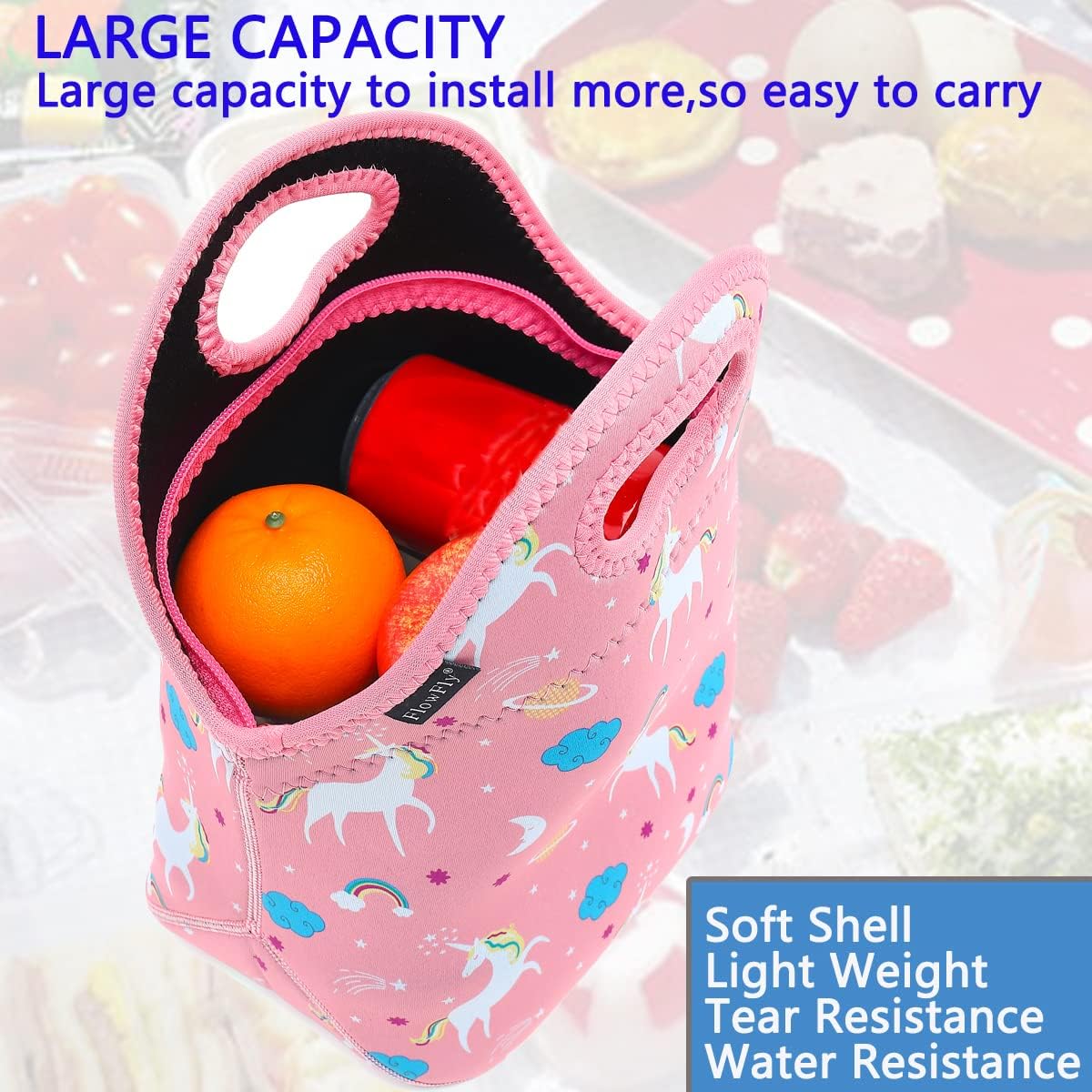 FlowFly Neoprene Lunch Tote Insulated Thermal Reusable Lunch Bag Box for Boys Men with Zipper,Unicorn