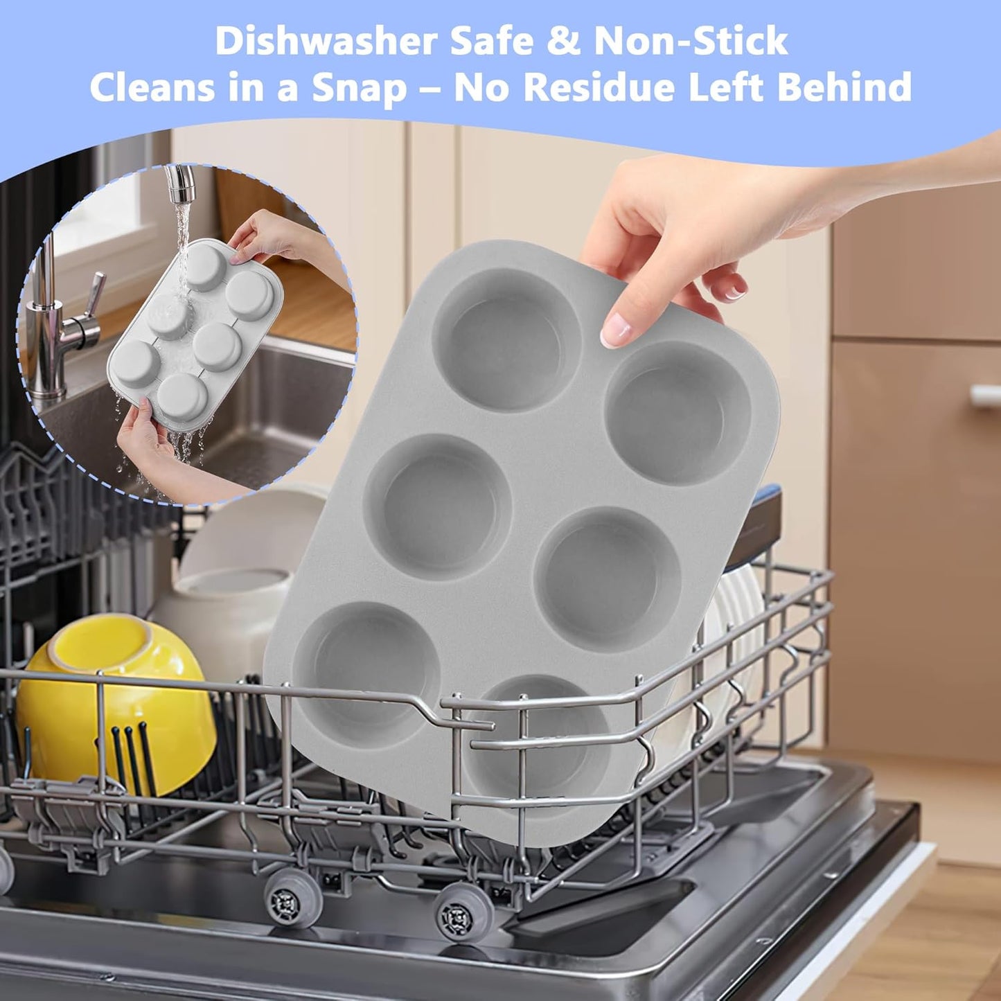 3-Pack 6-Cup Silicone Muffin Pans, Nonstick Cupcake Baking Molds, BPA/PFA-Free, Dishwasher & Oven Safe - Gray