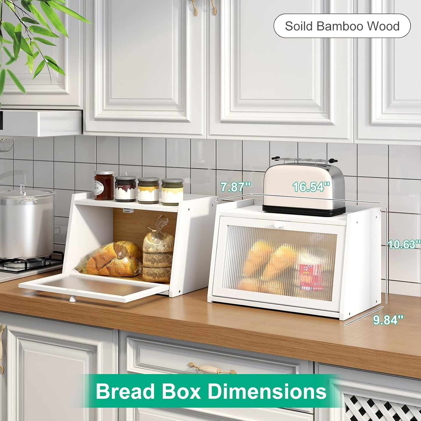 Bread Box for Kitchen Counter, Large Bamboo Bread Storage Container with Wavy Arcylic Door, Bamboo Wooden Farmhouse Bread Box for Your House (White, Medium)
