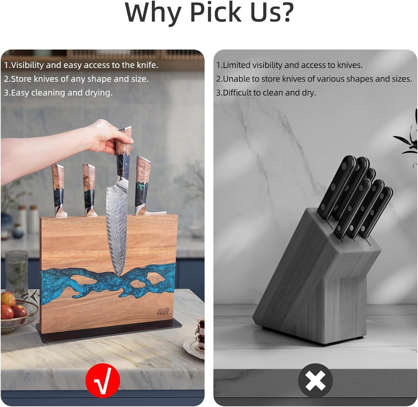 FINDKING Magnetic Knife Block, Double Sided Holder, Powerful Magnet Kitchen Storage, Acacia Wood and Blue Resin (12 x 10 Inches, Without Knives)