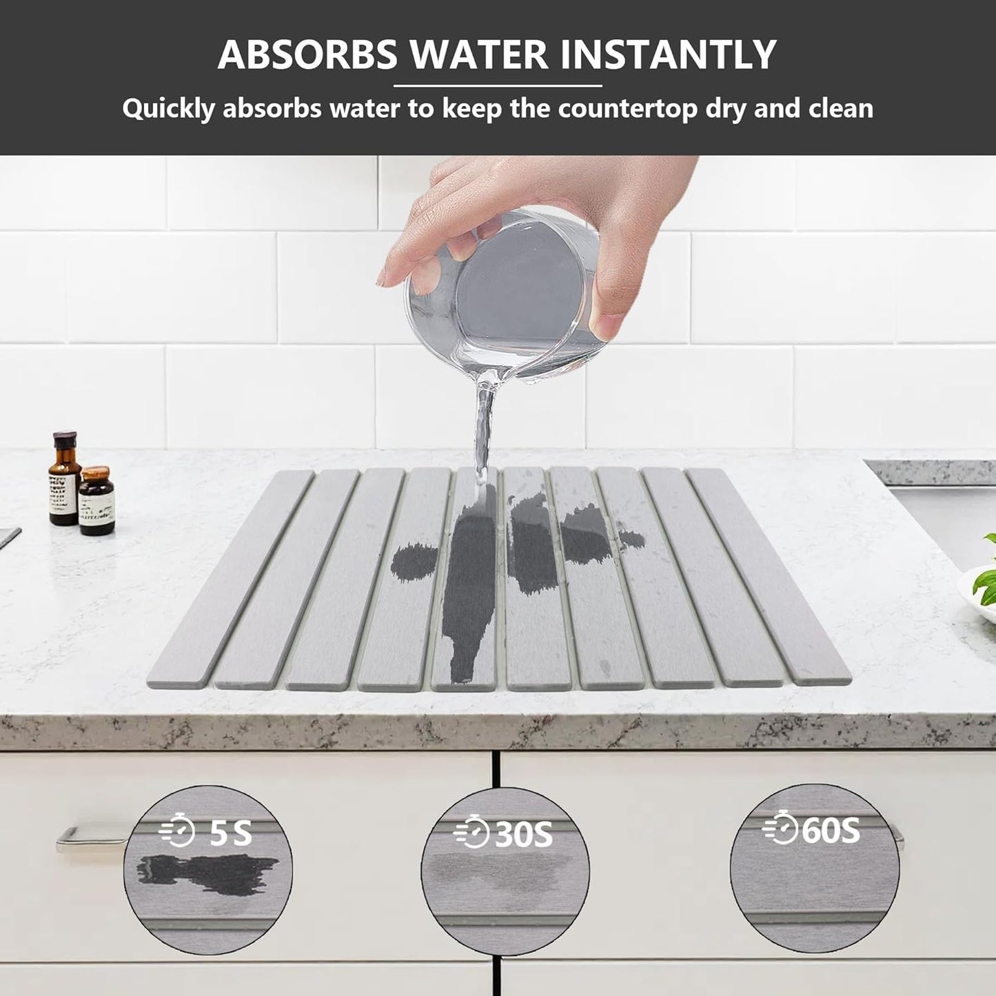 Large Stone Drying Mat for Kitchen Counter Diatomaceous Earth Collapsible 24”（L）*16”（W）Super Heat Resistant Mats, Quick Absorbent Dish Drying Rack（Light Gray）