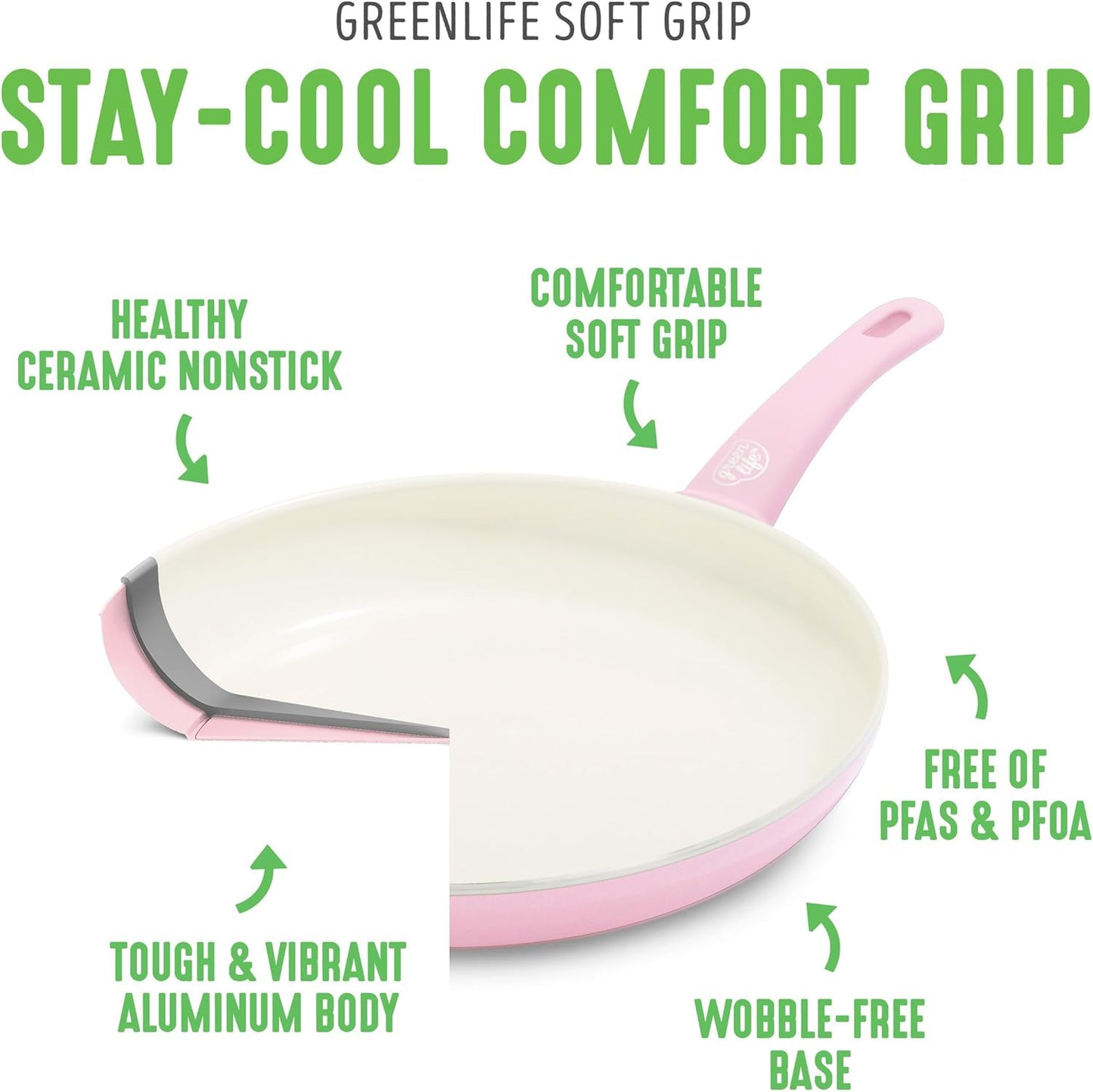 GreenLife 16 Piece Nonstick Cookware Set, Soft Grip Non-Toxic PFAS-Free Ceramic Pots & Pans, Dishwasher & Oven Safe, Frying, Sauce, Saute, Utensils, Glass Lids, Stay-Cool Handles, Wobble Free, Pink