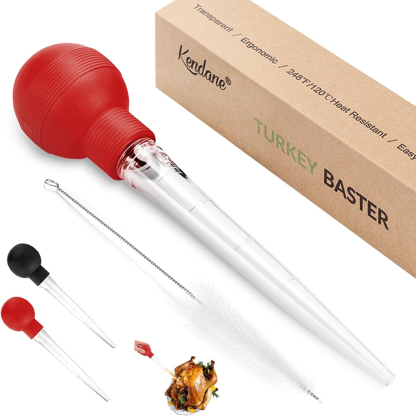 Turkey Baster With Cleaning Brush, Baster Syringe for Home Baking and Roaster Turkey, Include Detachable Food Grade Bulb with Double Scales for BBQ Grill Baking Kitchen Cooking，RED