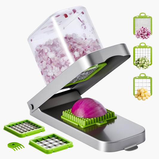 VEVOR Vegetable Chopper, Food Veggie Cutter with 3 Stainless Steel Blades, Onion Slicer with Container, Salad Potato Dicer Kitchen Gadgets & Essentials Home Appliances Tools for Easy DIY, Silver
