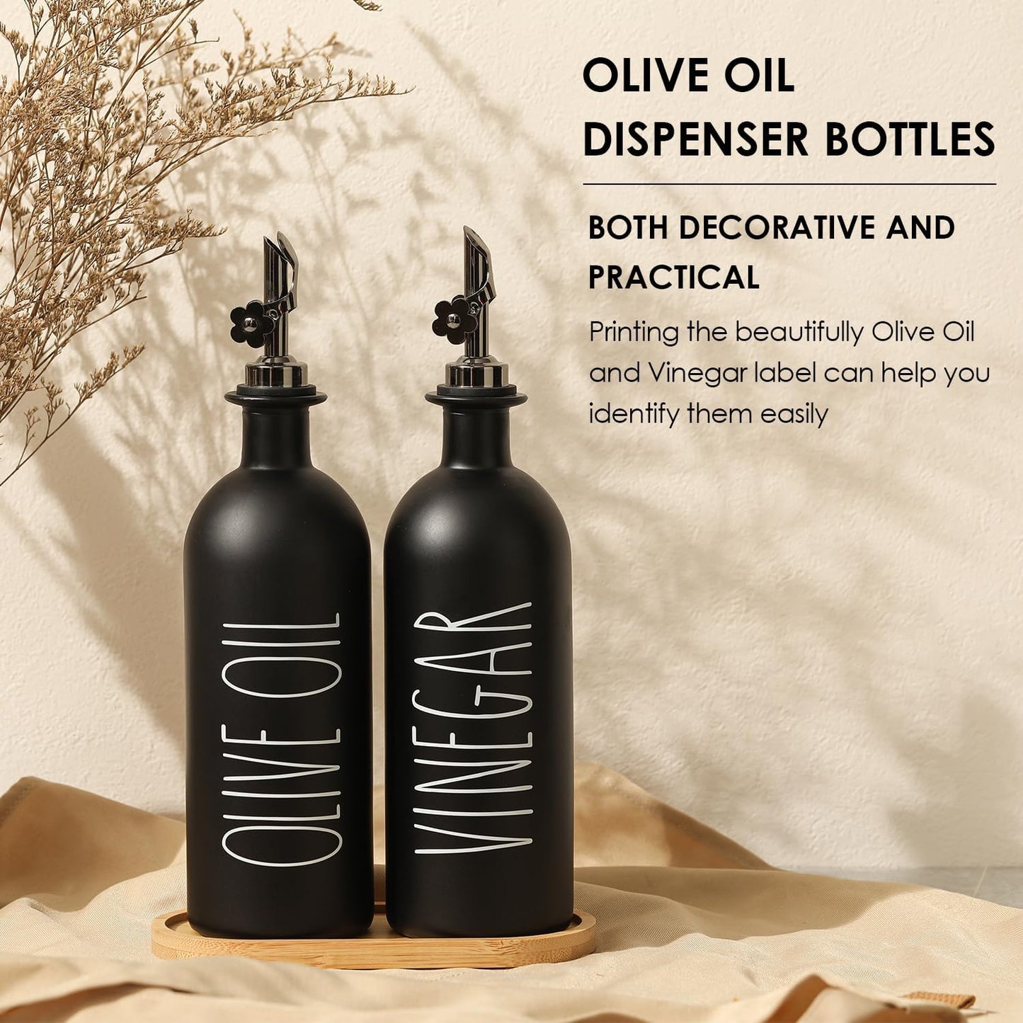 HOMCDALY 16oz Olive Oil Dispenser Bottles for Kitchen, Glass Black Oil&Vinegar Dispenser Set, Kitchen Olive Oil Bottles with Bamboo Tray| Set of 2 (16oz-P-Black)