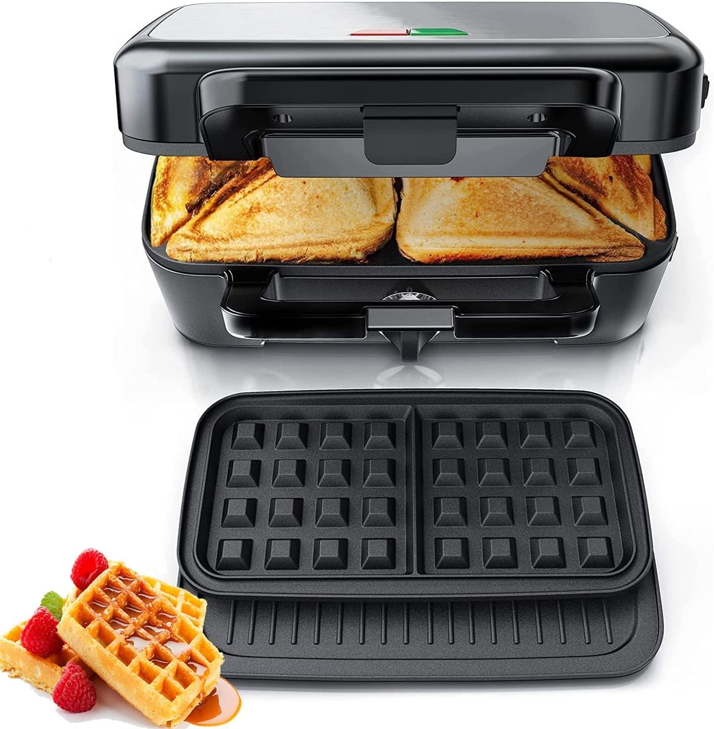 FOHERE Sandwich Maker 3 In 1 Waffle Maker With Removable Plates,Grilled Cheese Maker, 5-gear Temperature Control, Non-stick Coating Easy to Clean, Indicator Lights, Silver/Black