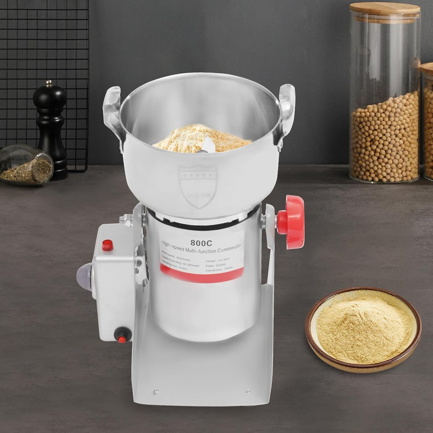 Electric Grain Mill Grinder High Speed 30000r/min Powder Machine Grain Spice Herb Grinder Dry Grinder Machine Stainless Steel Powder Grinder for Dry Spice Herbs Grains Coffee Rice Pepper (800g 3500W)