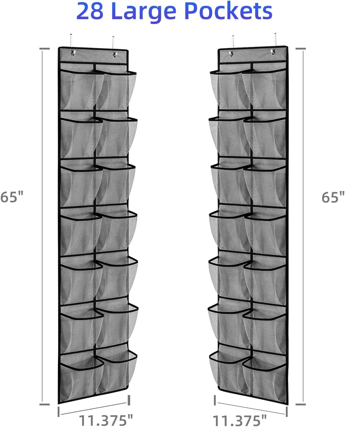 KEEPJOY Over the Door Shoe Organizer, Hanging Shoe Organizer with 4 Hooks,Door Shoe Holder with 14 Mesh Deep Pockets Closet Door Shoe Storage Bag (Grey-2Pack)