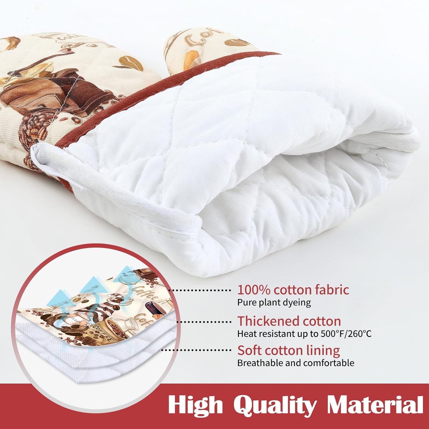 Coffee Gnome Oven Mitts and Pot Holders Sets 2Pcs, 100% Cotton Heat Resistant, Extra Long Oven Gloves Potholder for Kitchen Cooking Baking Decoration