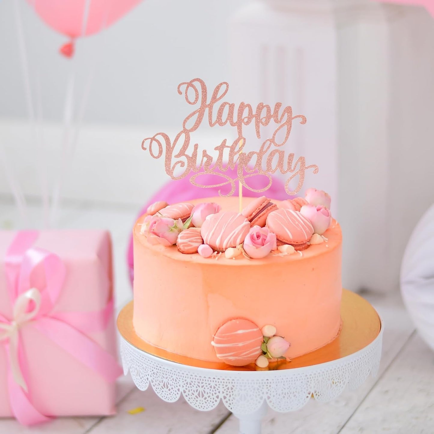 Happy Birthday Cake Toppers 9 Inch Glitter Happy Birthday Cake Pick for Birthday Anniversary Theme Party Cake Decorations Supplies - Rose Gold
