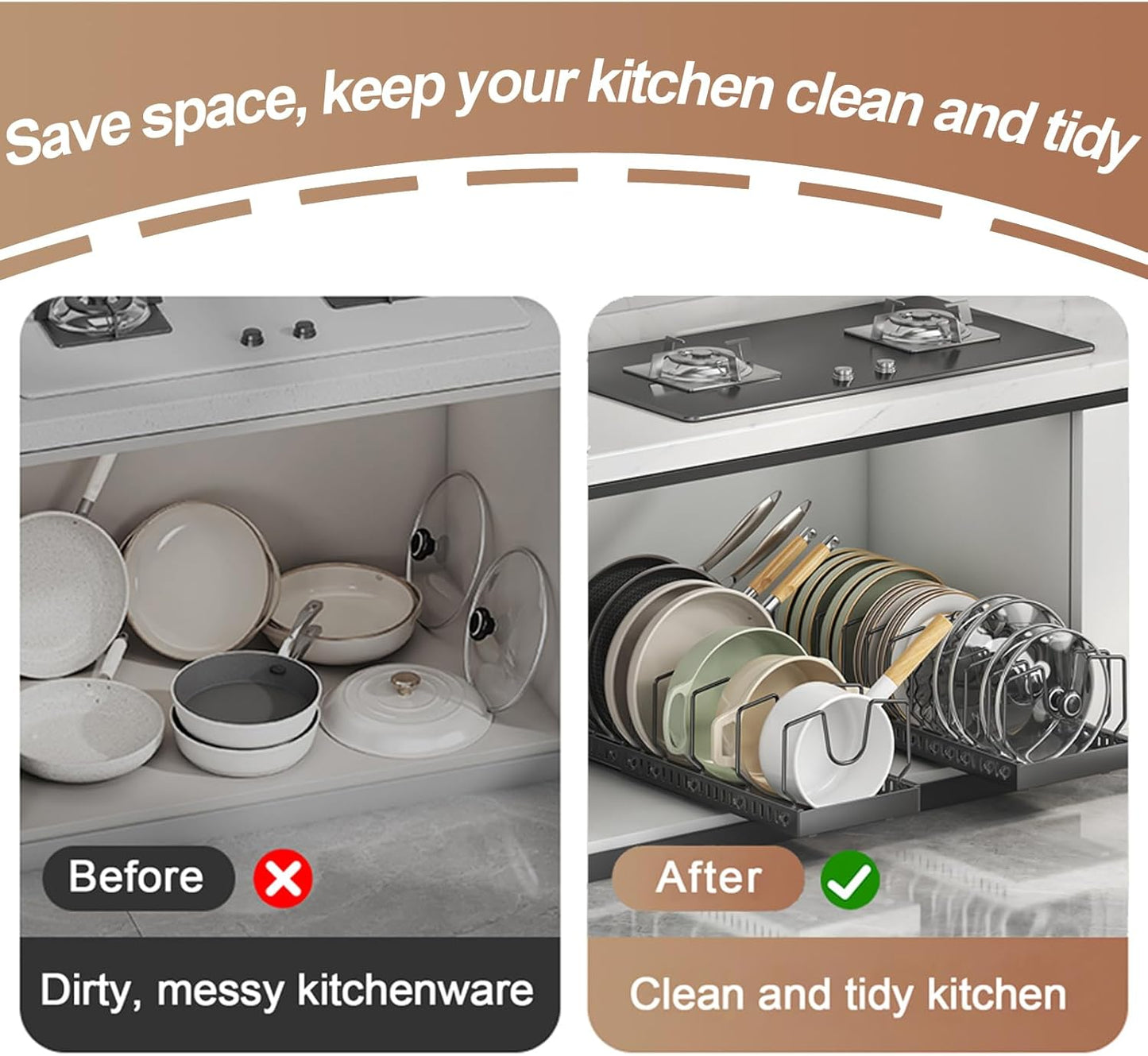 2 Pack Expandable Pots and Pans Organizer Under Cabinet, Sliding Pot Lid Holder and Pan Rack in Kitchen, Pull out Kitchen Cabinet Storage, with 10 Adjustable Dividers