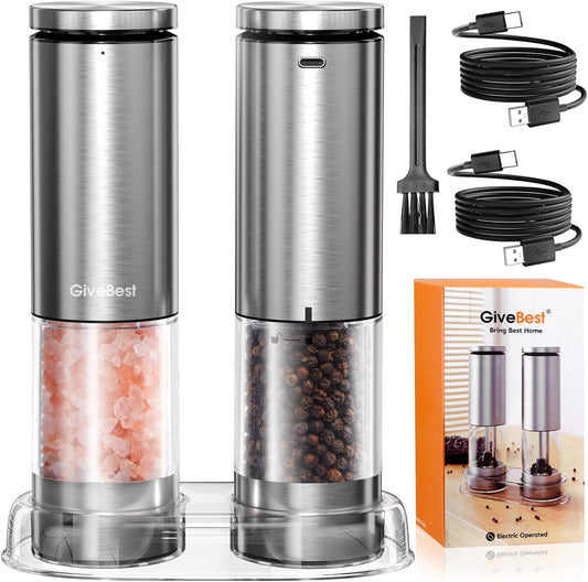 GiveBest Electric Salt and Pepper Grinder Set – Rechargeable Stainless Steel Mills, 100 ml Automatic Shakers Set with 6-Level Adjustable Coarseness and Light, Upgraded Larger Capacity