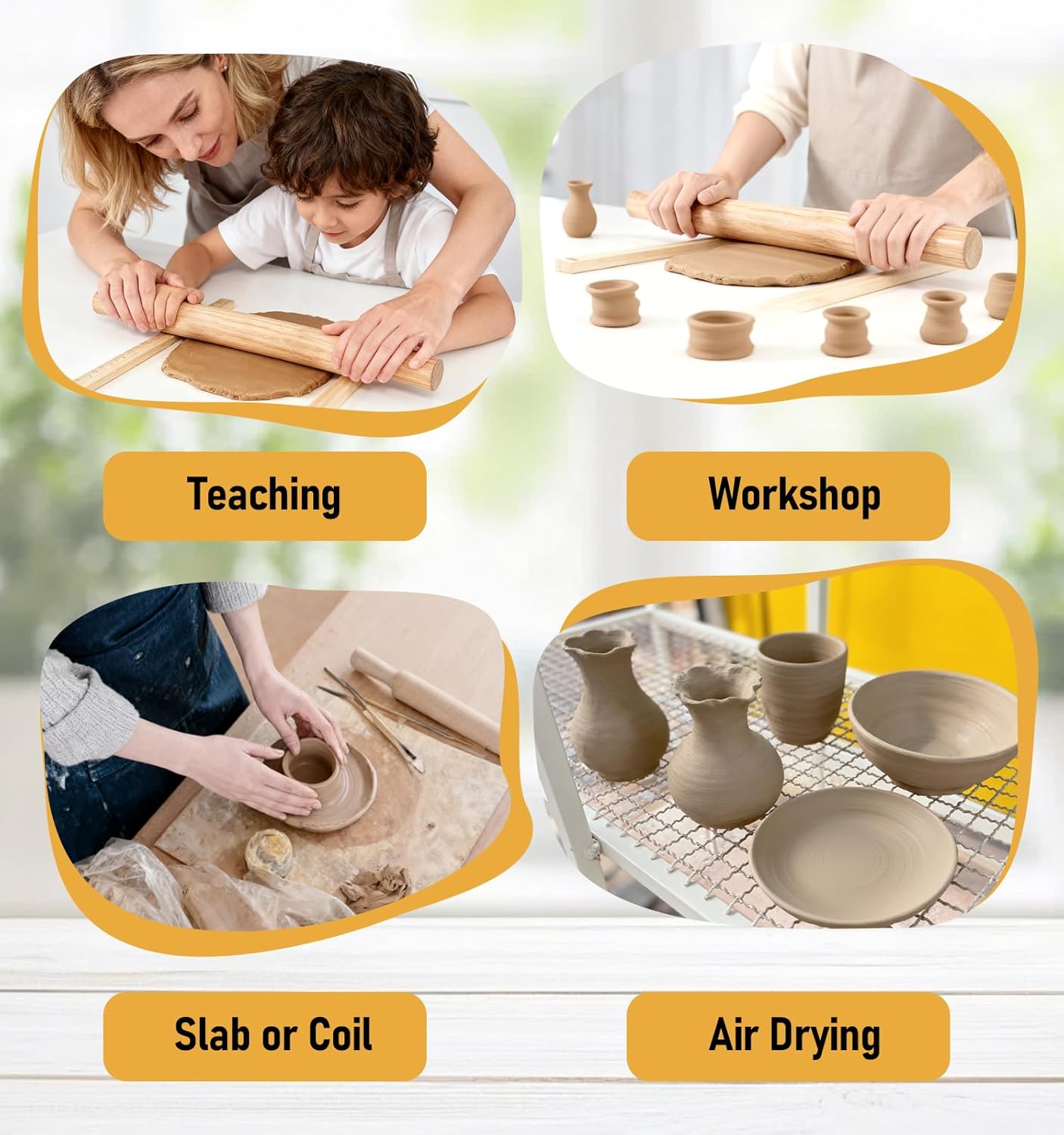 13 Pcs Pottery Tools, 5 Size Teaching Rolling Mud Stick Guide, Wood Rolling Pin, Pottery Special Linen, Clay Fabric, Sponge, Premium Pottery Tools for Hobbyists & Ceramic Artists