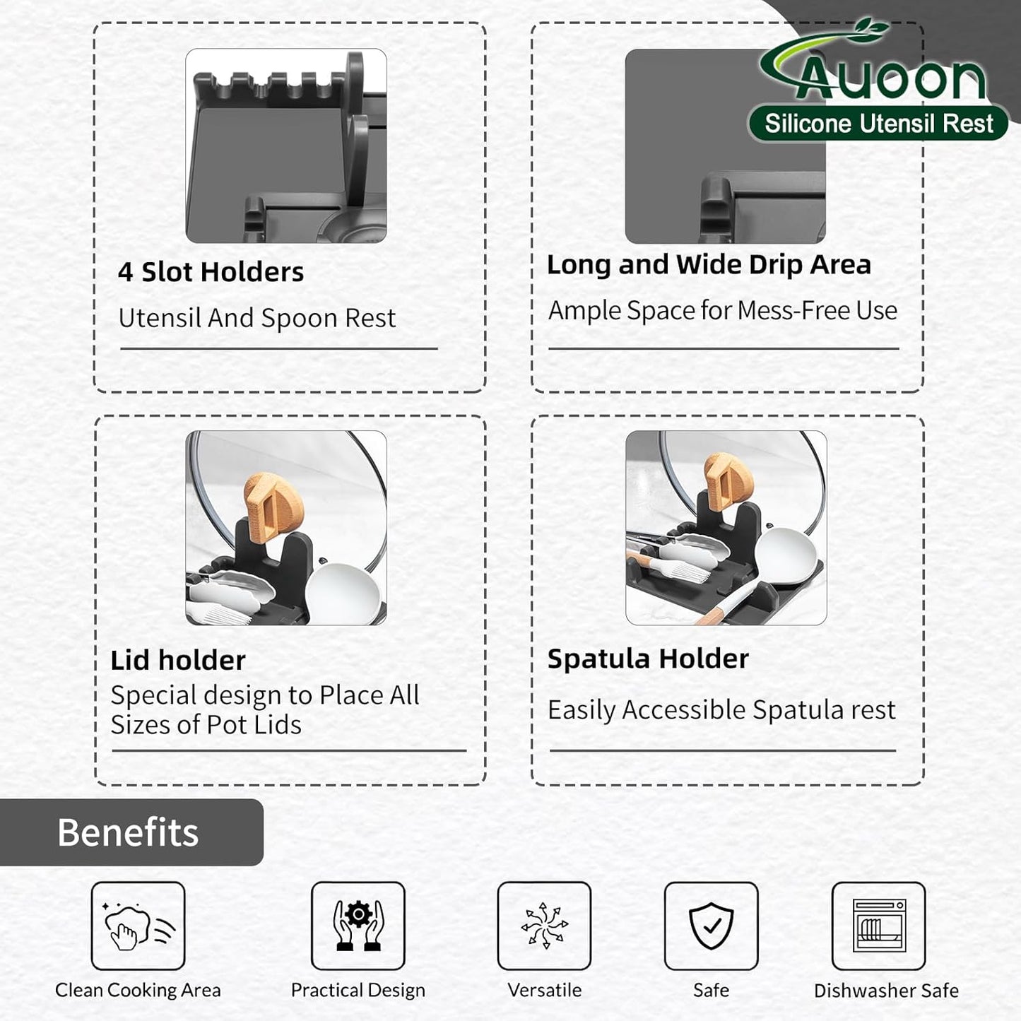 AUOON Spoon Rest for Stove Top - Silicone Utensil Rest with Drip Pad for Kitchen Counter | Practical Kitchen Gadgets for Cooking | Dishwasher Safe (Grey, Large)