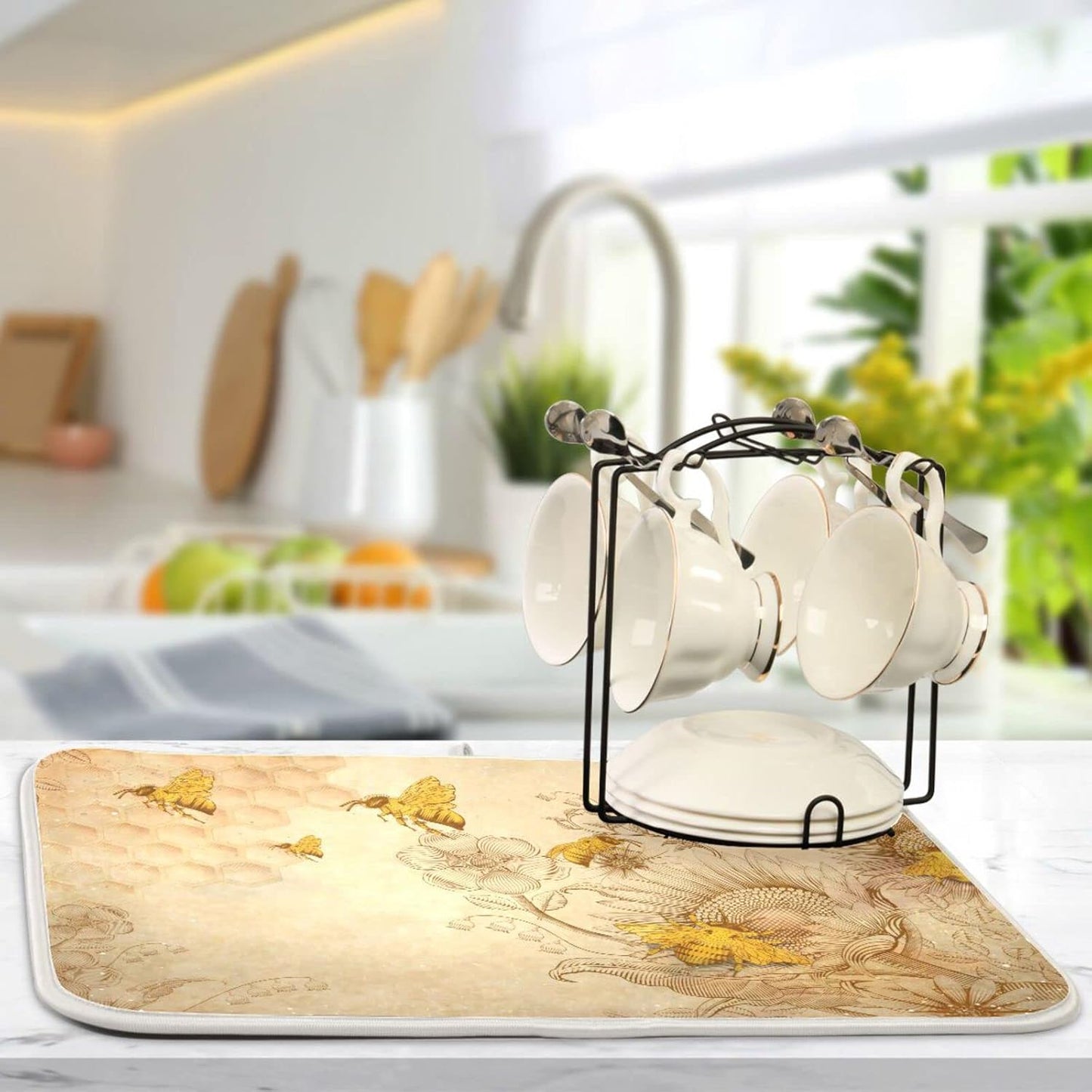 Super Absorbent Dish Drying Mat, Microfiber Fast-Drying Dish Mat, 24" x 18", Kitchen Dish Drying Pad, Sunflower Bee Retro