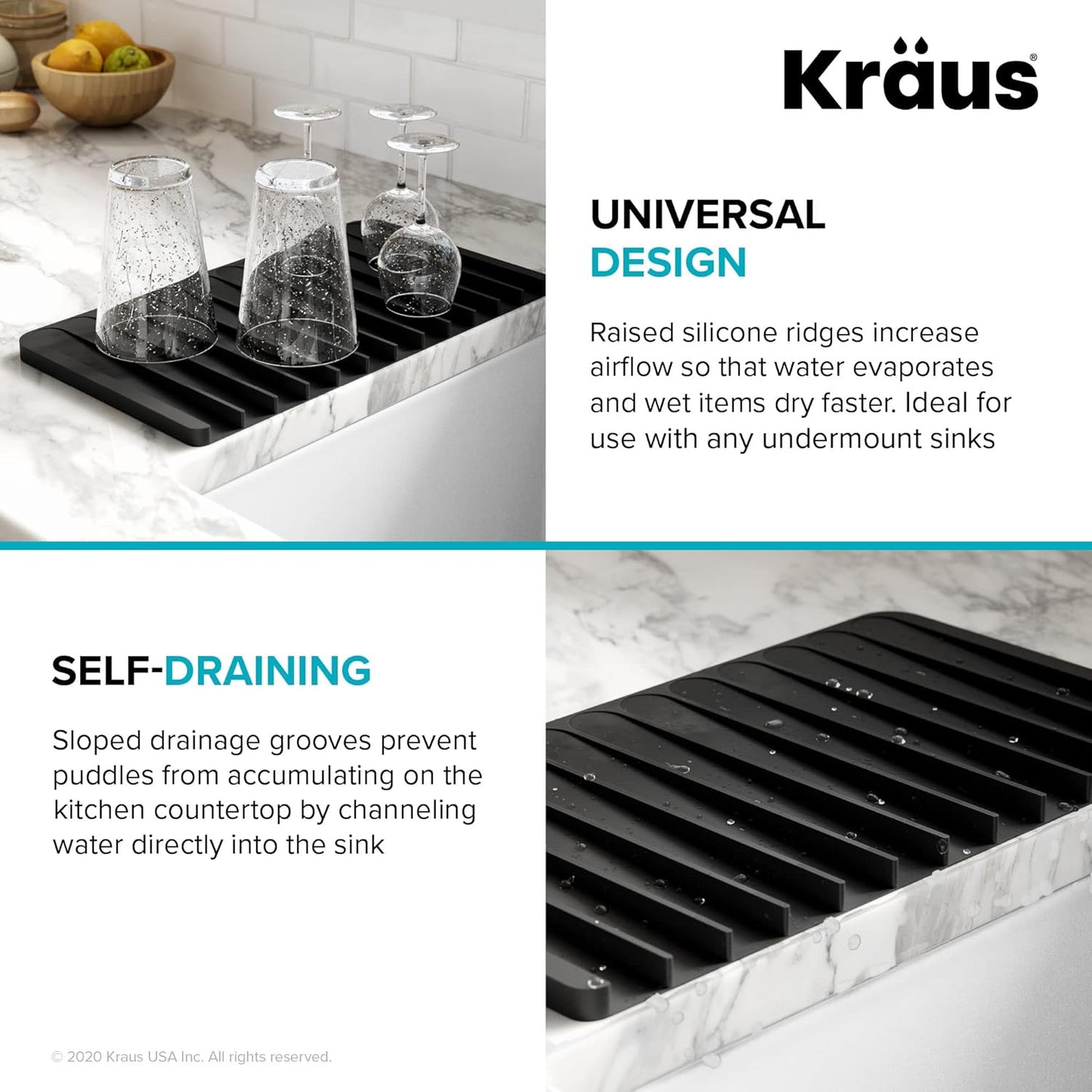 Kraus Self-Draining Silicone Dish Drying Mat and Silicone Soap Dish Holder for Bathroom or Kitchen Counter in Dark Grey, KDM-10-05DG