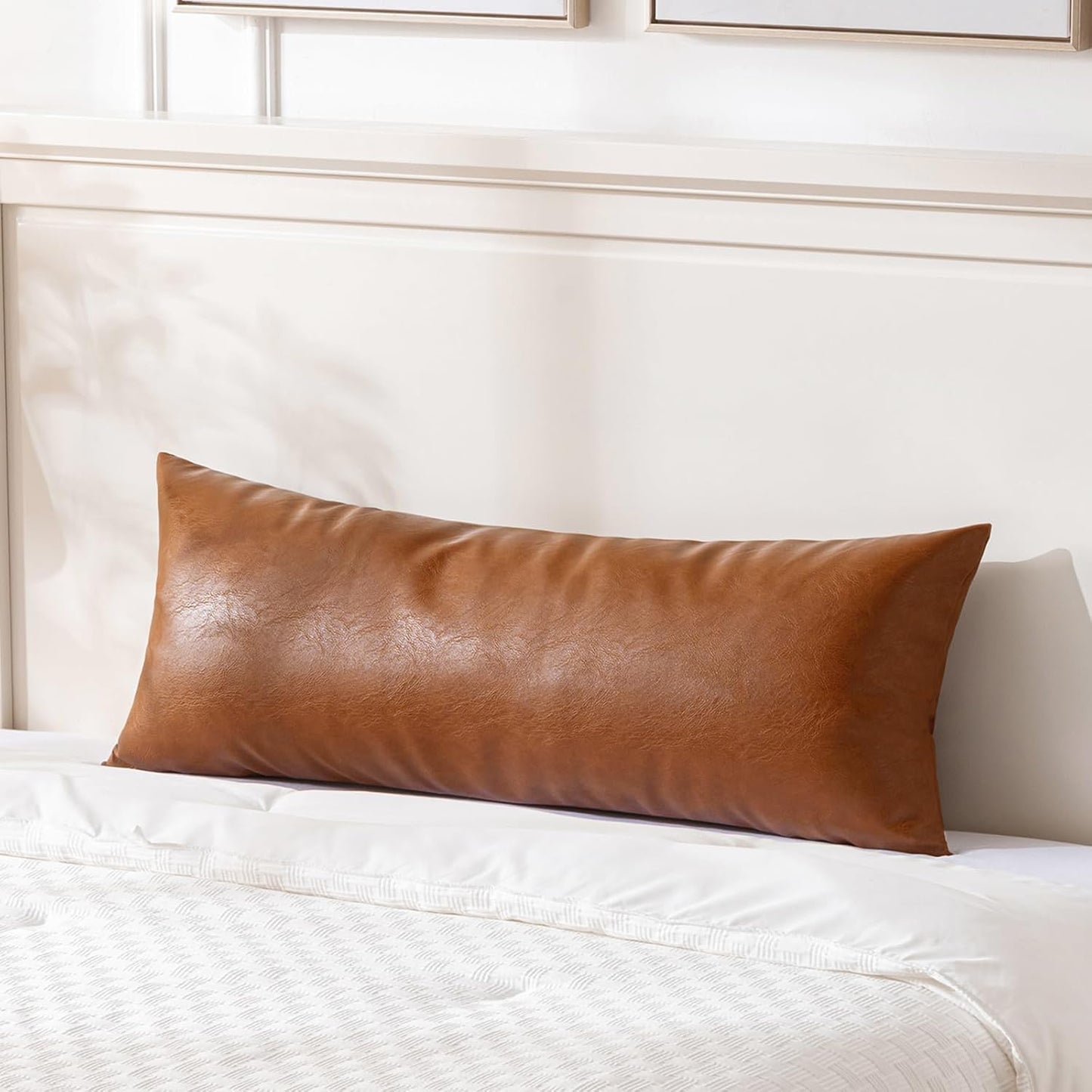 Fancy Homi Brown Boho Long Lumbar Faux Leather Body Decorative Throw Pillow Cover 14x40 Inch for Bedroom Couch Bed Sofa Bench, Thick Stylish Solid Square PillowCase, Rustic Modern Farmhouse Room Decor