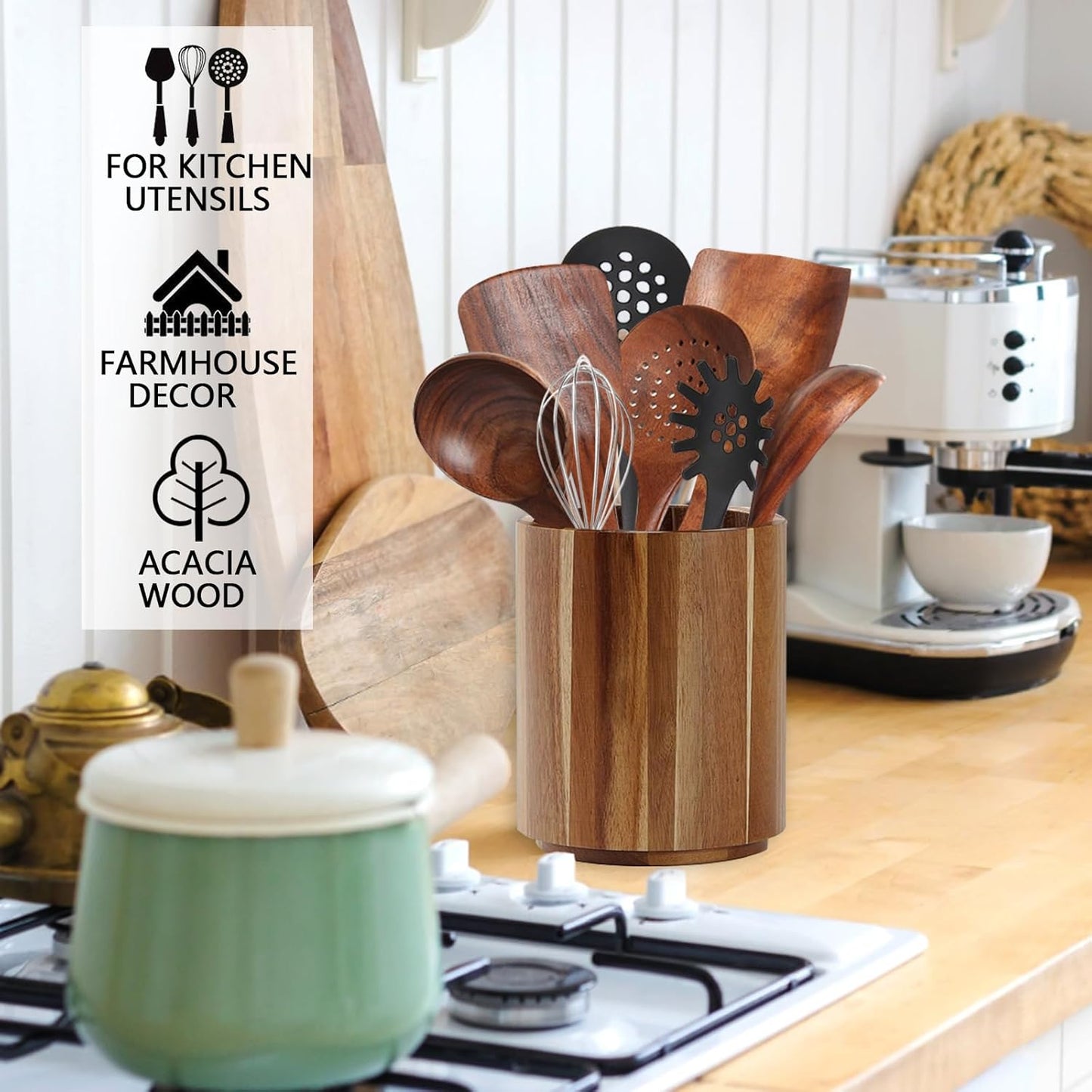 Acacia Wood Utensil Holder for Kitchen Counter, 360° Rotating 7.3" Large Wooden Utensil Holder,Kitchen Utensil Crock for Countertop,Cooking Utensil Storage Organizer,Farmhouse Kitchen Decor