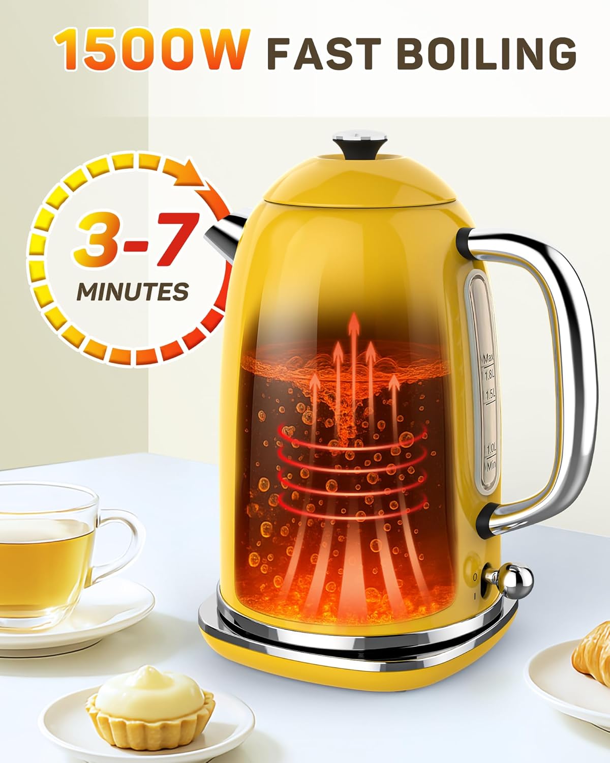 Harriet Electric Kettle, 1.8L Retro Electric Tea Kettle with Thermometer, 1500W Stainless Steel Hot Water Kettle Electric with LED Indicator, Fast Boiling, Cordless, Auto Shut-Off, Yellow