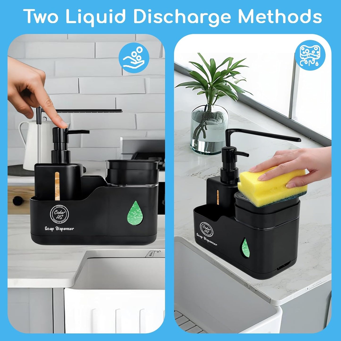 Kitchen Hand and Dish Soap Dispenser Set (Black) – Dual Pump Bottles with Sponge Caddy, Brush Holder, Towel Bar & Drain Rack – Space-Saving Countertop Organizer for Sink & Bathroom