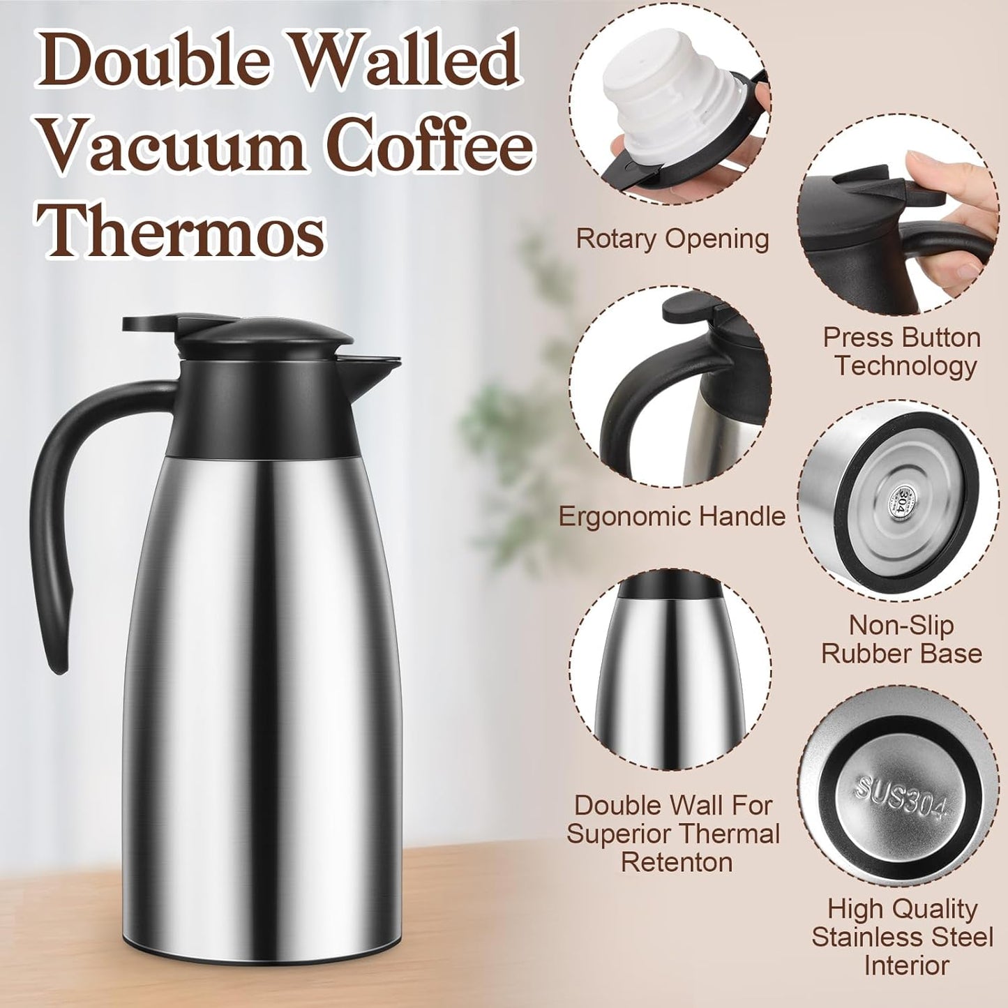 2 PCS 68 OZ Thermal Coffee Carafe, Insulated Stainless Steel Coffee Carafe Double Walled Vacuum Thermal Pot Flask with Brushes Thermos for Keeping Hot Coffee Tea Home and Office (Silver)