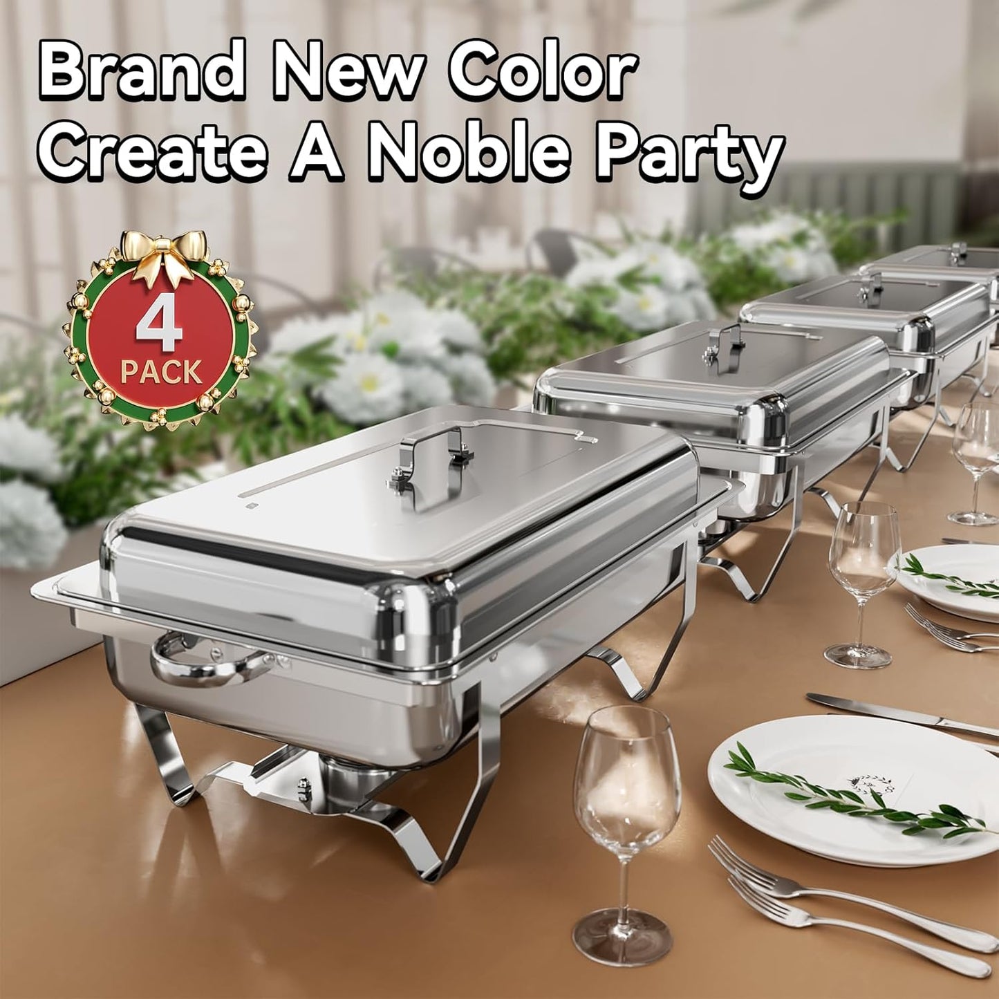 Chafing Dish Buffet Set, 9QT High Grade Chafing Dishes for Buffet, Chafers and Buffet Warmers Sets for Birthday, Wedding, Rolled-Edge Design with Silver, 4 Pack, 7 Pans