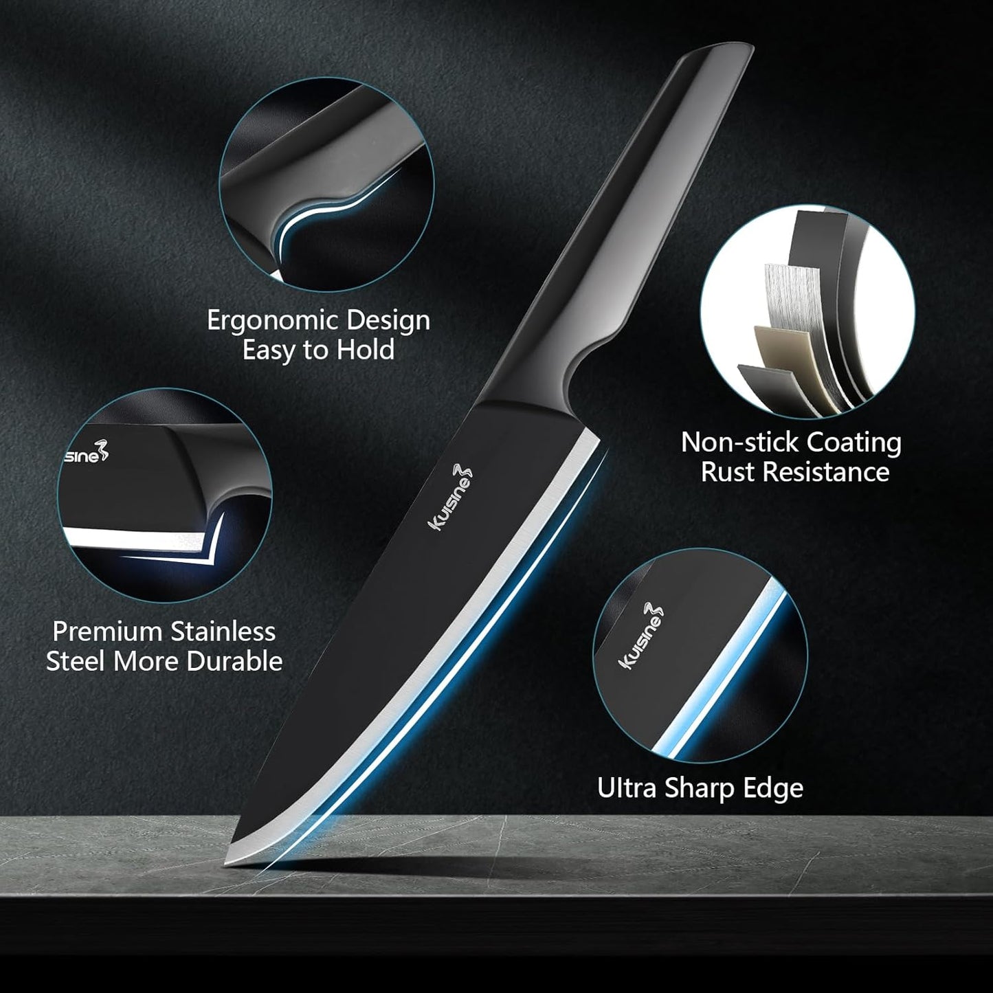 Kuisine Premium Knife Set,One-piece Steel Molding,High Carbon Stainless Steel Ultra Sharp,Non-slip Ergonomic Solid Steel Handle,Built-in Sharpener Knife Block Set,Luxury Gift(15PCS,Black)