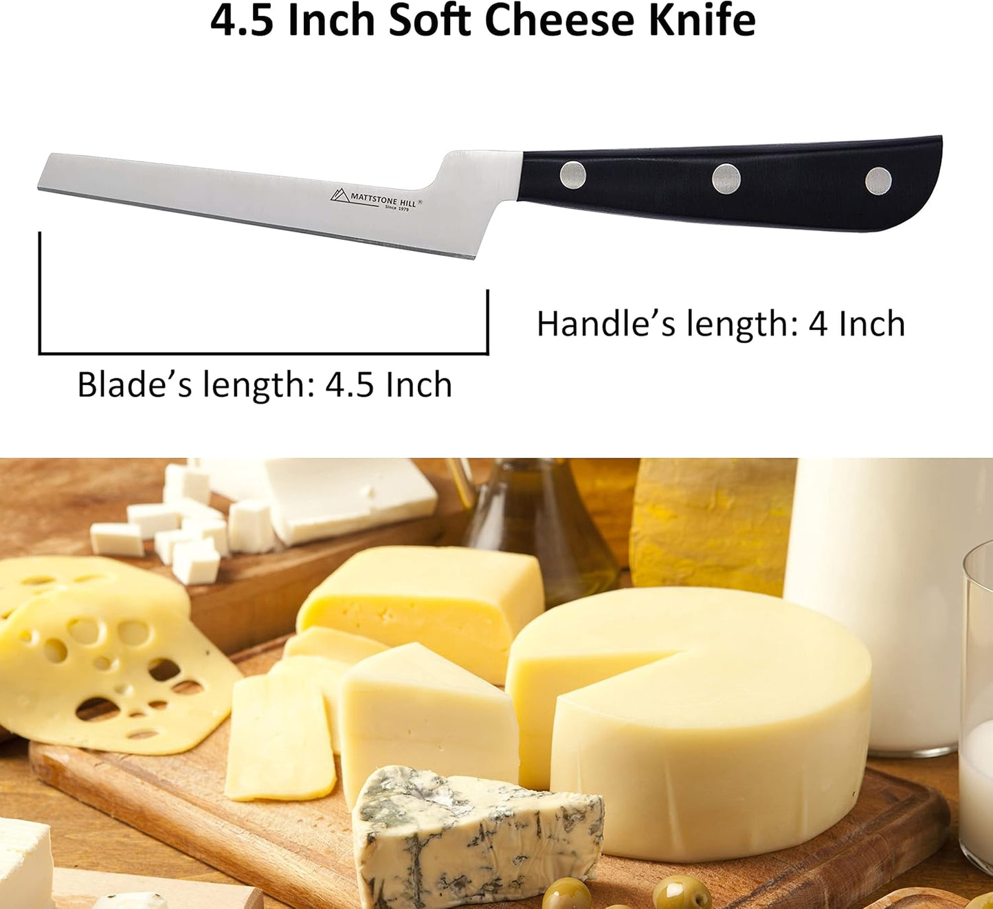Cheese Knife - MATTSTONE HILL Soft Cheese Knife, Cheese Cutter, Premium Stainless Steel, Black Handle