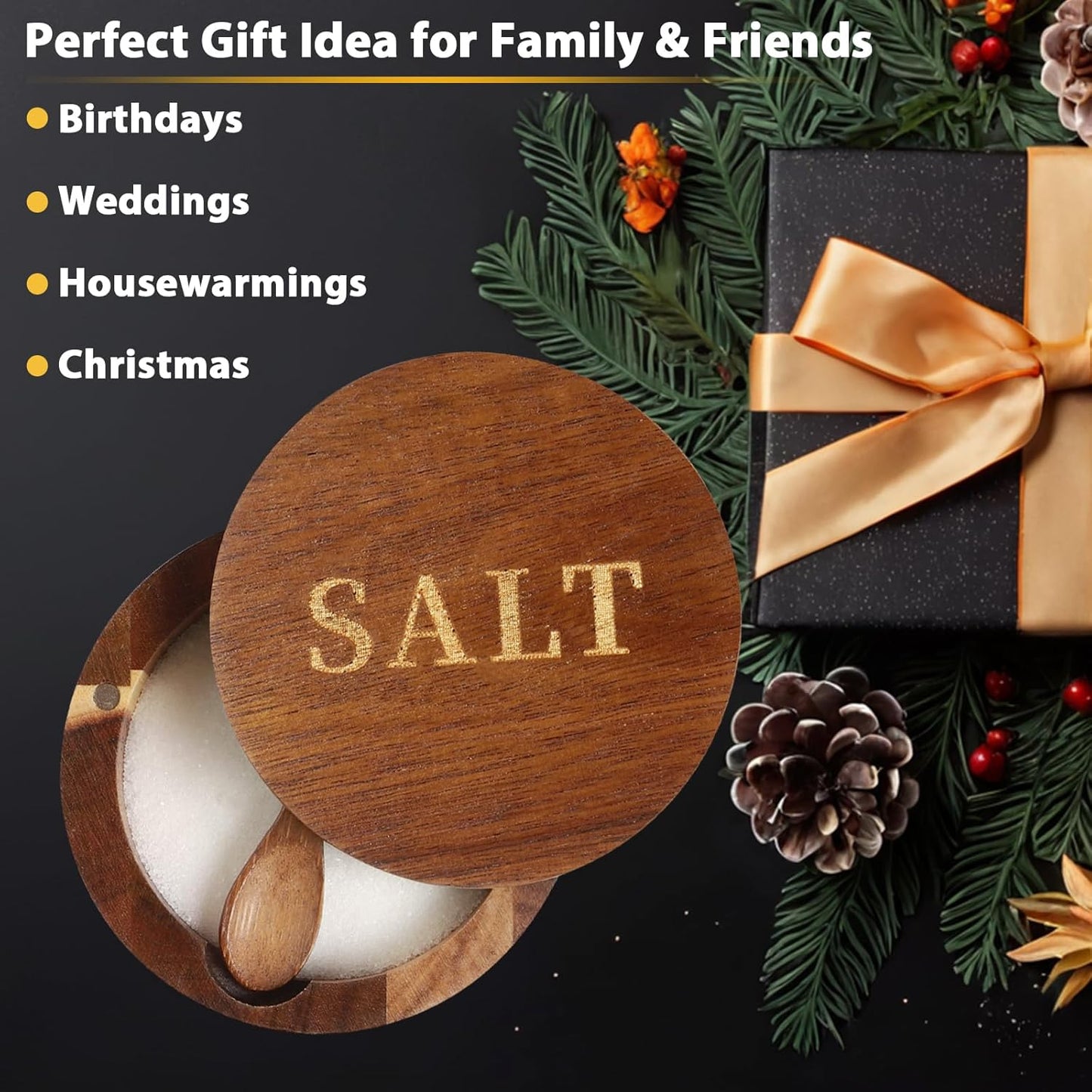 Salt Cellar, Acacia Wood Salt Container with Built-in Spoon & Swivel Lid, Engraved SALT Box, Salt Holder Bowl for Countertop Seasoning Storage