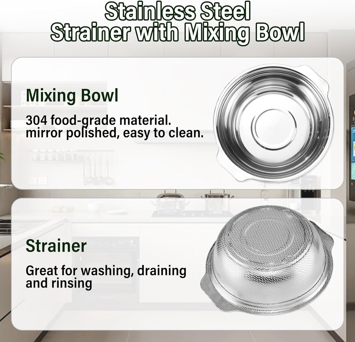 Stainless Steel Colander, 4.5QT Large Capacity with Mixing Bowl, Rice Washing Bowl with Strainer for Washing Vegetables, Fruit, Spaghetti, Pasta Strainer, Dishwasher Safe(2PC)