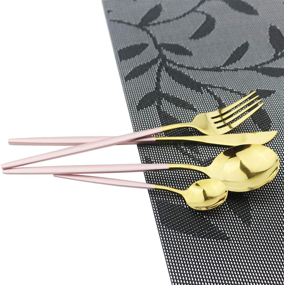 JASHII 30-Piece Stainless Steel Pink Gold Satin Finish Flatware Set - Mirror Polished Tableware Cutlery for Home and Restaurant - Dishwasher Safe