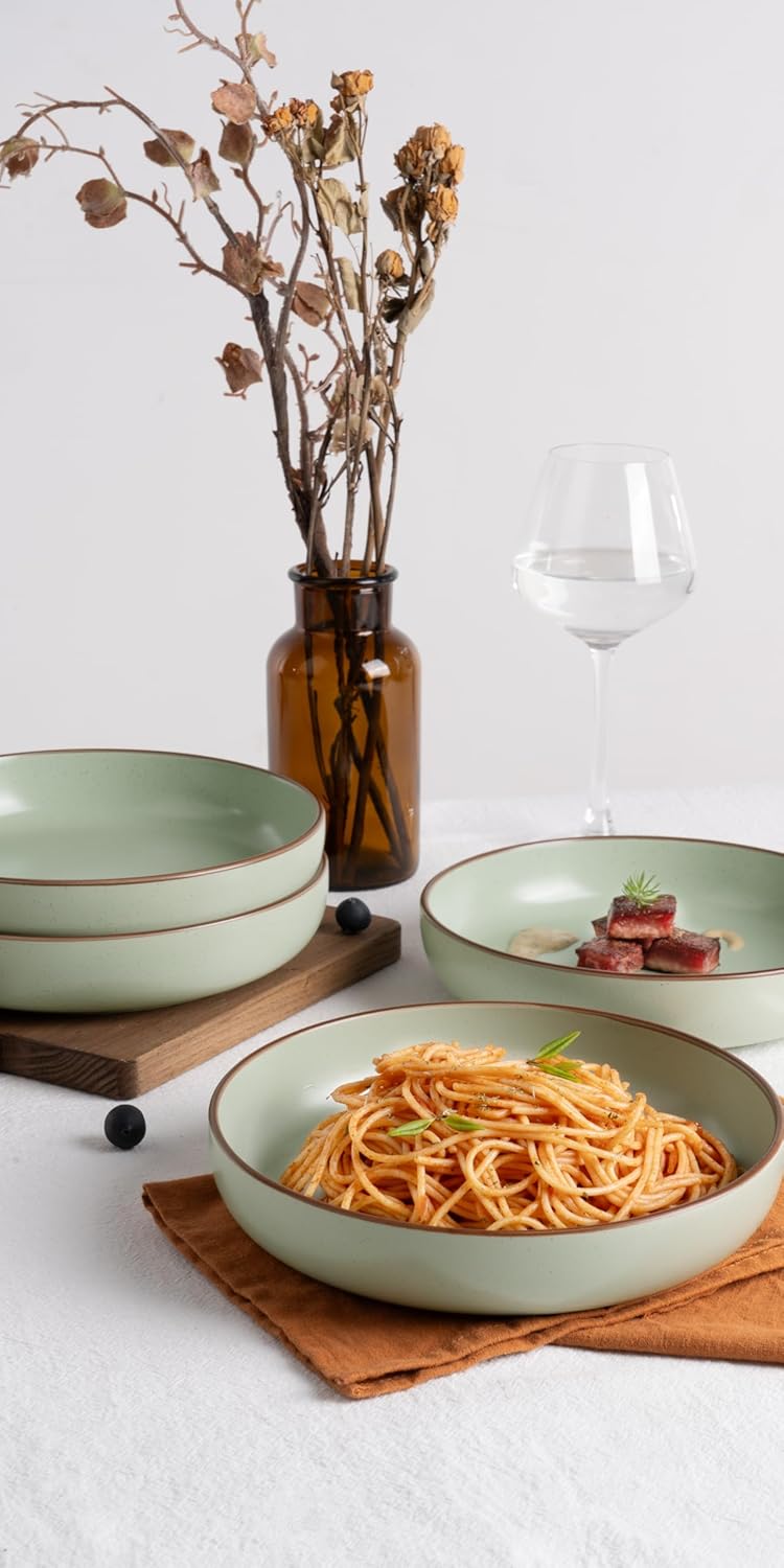 famiware Mercury Pasta Bowls Set of 4, 33 oz Large Salad Bowls, Stoneware Pasta Plates Bowls, Serving Bowls for Kitchen, Microwave & Dishwasher Safe, Light Green