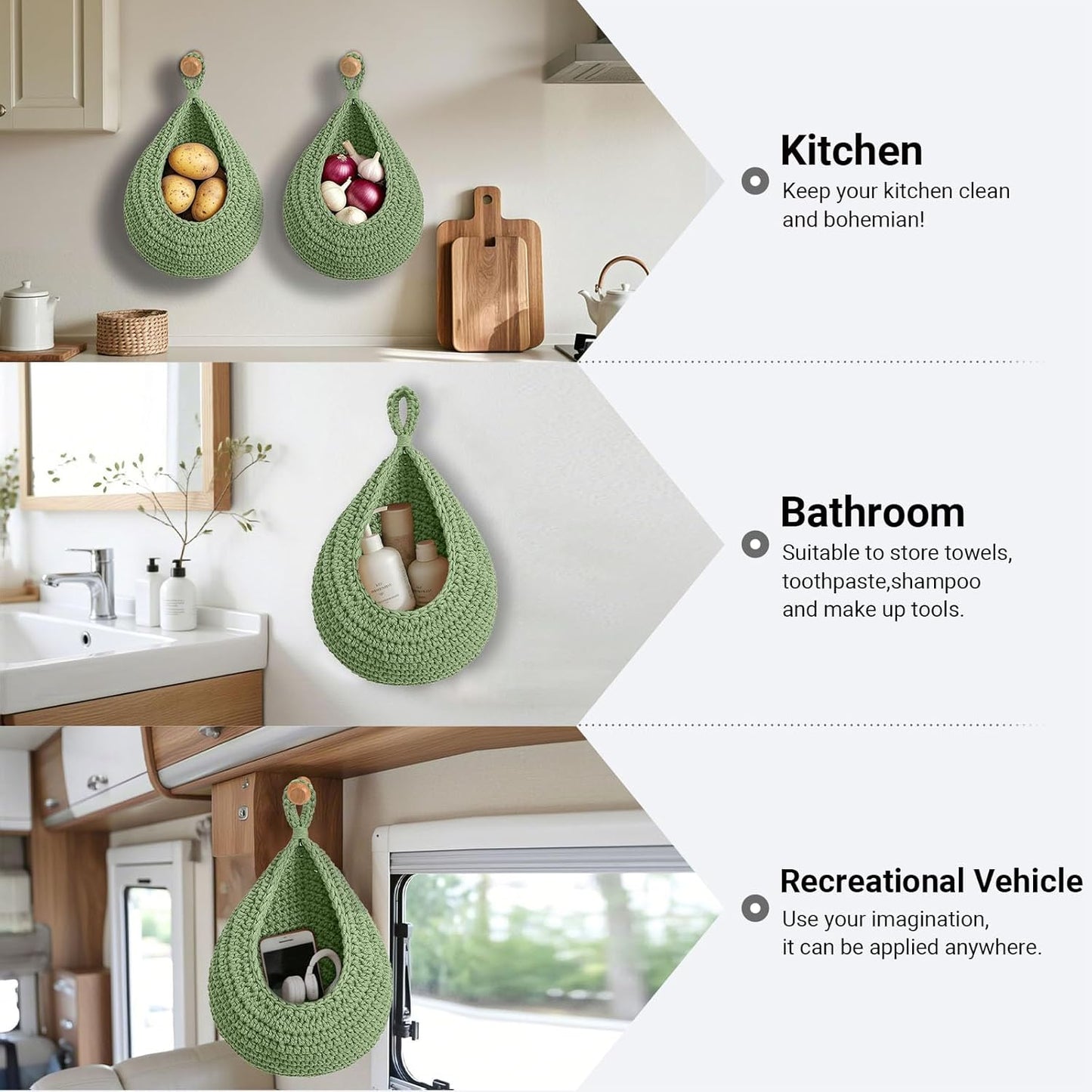 Hanging Fruit Baskets for Kitchen, 3 Pack Boho Cotton Rope Handwoven Vegetable Storage Wall Mounted Large Organizing Basket for Farmhouse Decor, Onion, Potato, Garlic and Plants (Green)