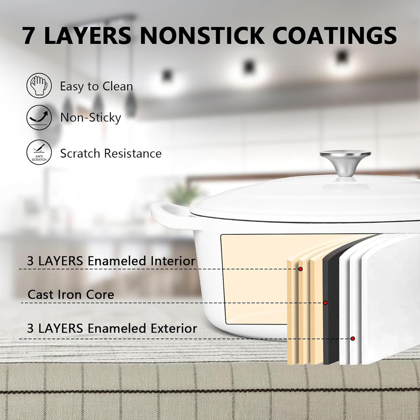 7 Quart Oval Dutch Oven with Lid, Leonyo 7QT Enameled Oval Cast Iron Dutch Oven for Sourdough Bread Breaking, Heavy Duty Cookware for Braising, Stews, Roasting, White