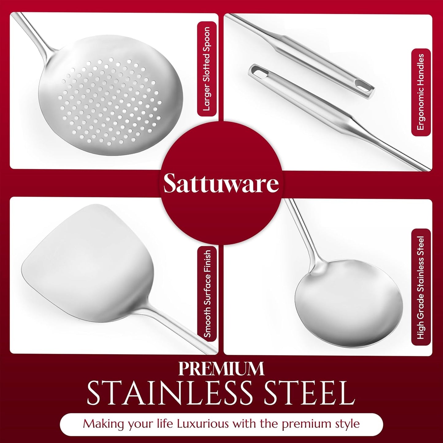 6 Pc Stainless Steel Cooking Utensils Set with Ergonomic Handles – Heat Resistant Kitchen Tools Includes Slotted Spatula, Skimmer Ladle, Spatula, Serving Spoon, Pasta Spoon Ideal for Cooking