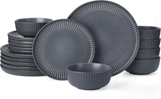 Famiware Starlight Dinnerware Sets, Plates and Bowls Dish Set of 6 (18 Pieces), Ribbed Textured Tableware - Dishwasher & Microwave Safe, Chip Resistant, Reactive Glaze, Matte Midnight Grey