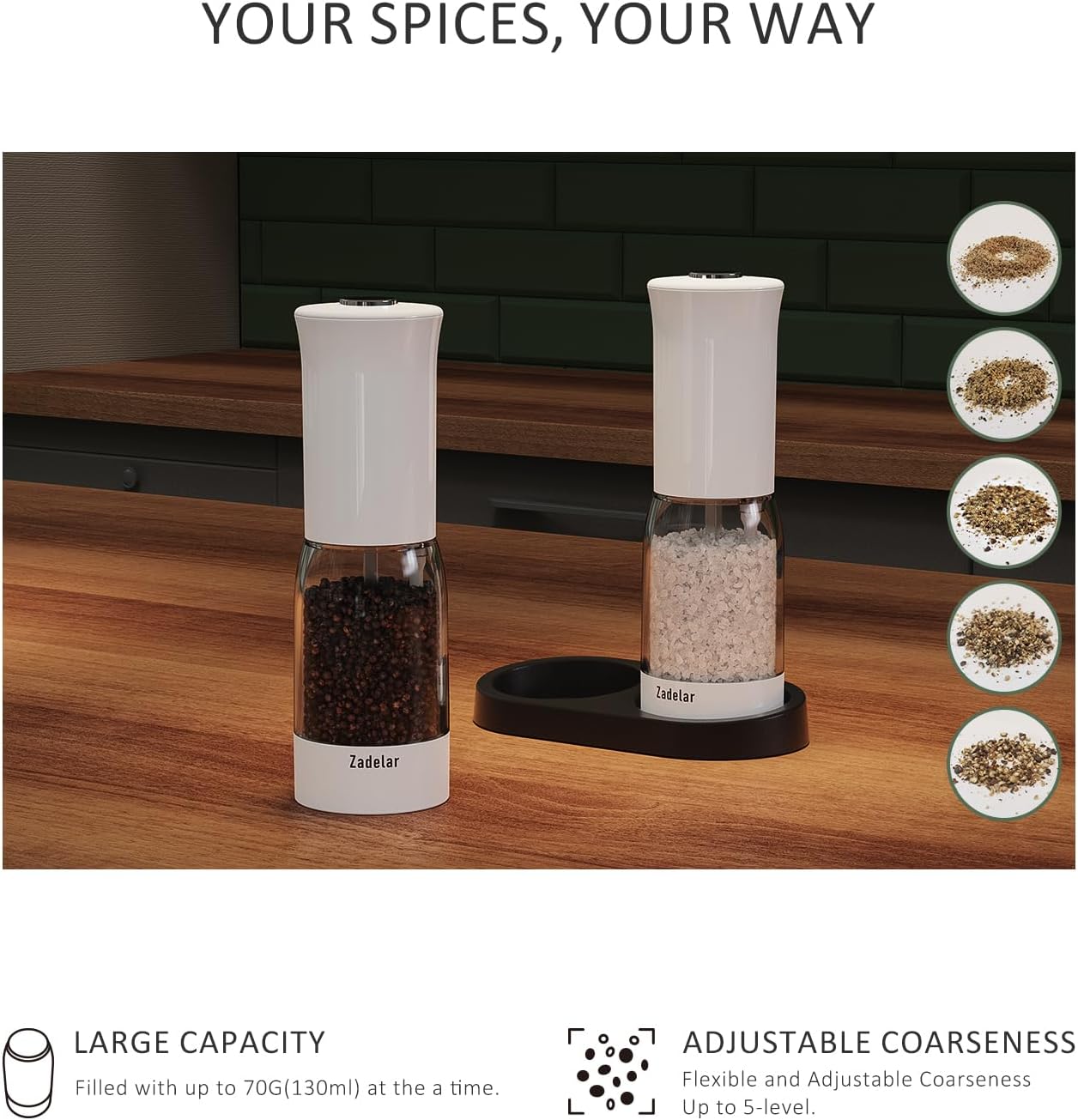 Electric Salt and Pepper Grinder Set with LED Power Display,Larger Capacity Salt and Pepper Shakers Set Rechargeable Electric with Flexible Coarsenes,LED Light,One Hand Operation for Kitchen(White)