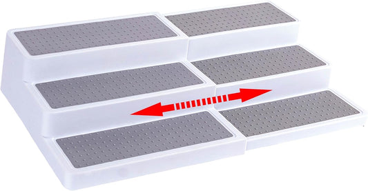 Oizeir 3–Tier Expandable Plastic Spice Rack - Adjustable Length, Stability with Non-Skid Shelf, Three Tiers for Easy Visibility, Organizer for Kitchen Cabinet, Pantry or Countertop, White/Grey