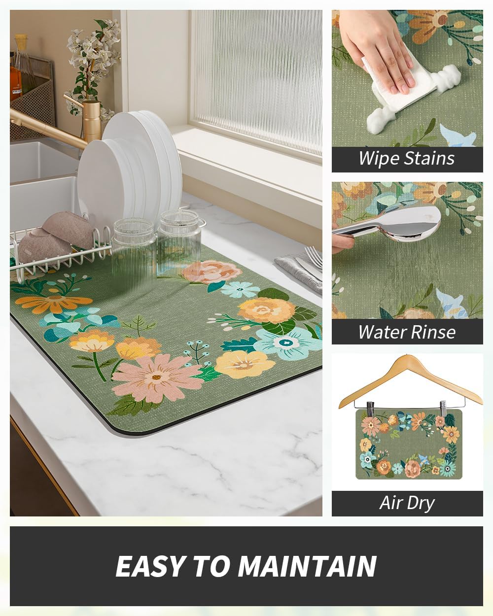 AMOAMI Coffee Mat - Hide Stain Rubber Backed Absorbent Dish Drying Mat for Kitchen Counter - Bar Accessories Fit Under Coffee Maker, Espresso Machine, Dish Rack - Floral Green 16x24