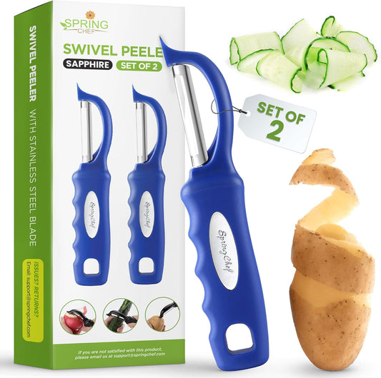 Spring Chef Stainless Steel Swivel Vegetable Peeler for Kitchen, Dishwasher Safe Potato Peelers with Comfortable Handle & Sharp Blades, Great for Apple, Carrot, Veggie, Fruit - Set of 2 - Sapphire