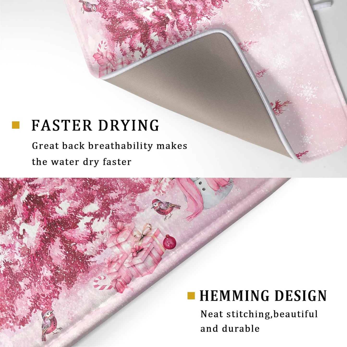 Pink Forest Dish Drying Mat Snowman Washable Drying Matt Kitchen Counter Absorbent Coffee Mat for Winter Home Decor