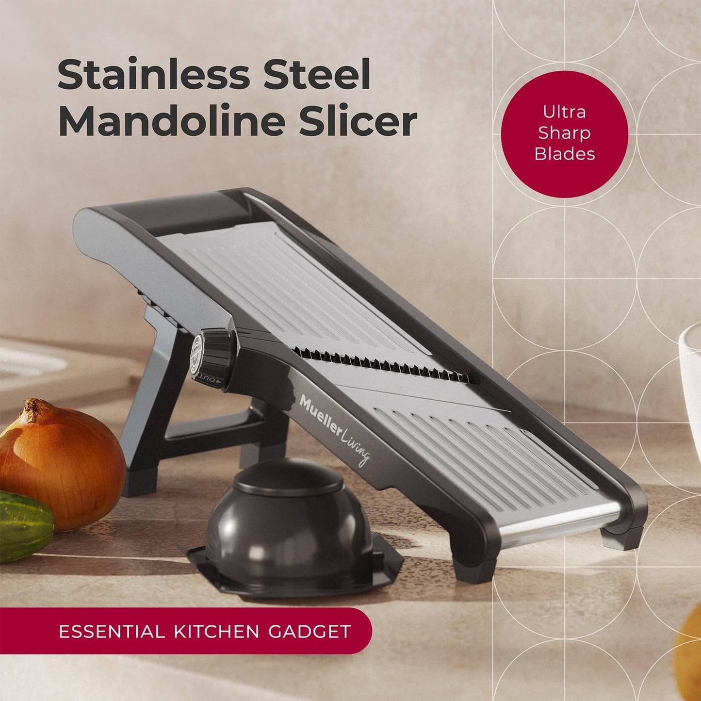 MuellerLiving Mandoline Slicer for Kitchen, Stainless Steel, Slice or Julienne, Vegetable Chopper, Fruit Slicer