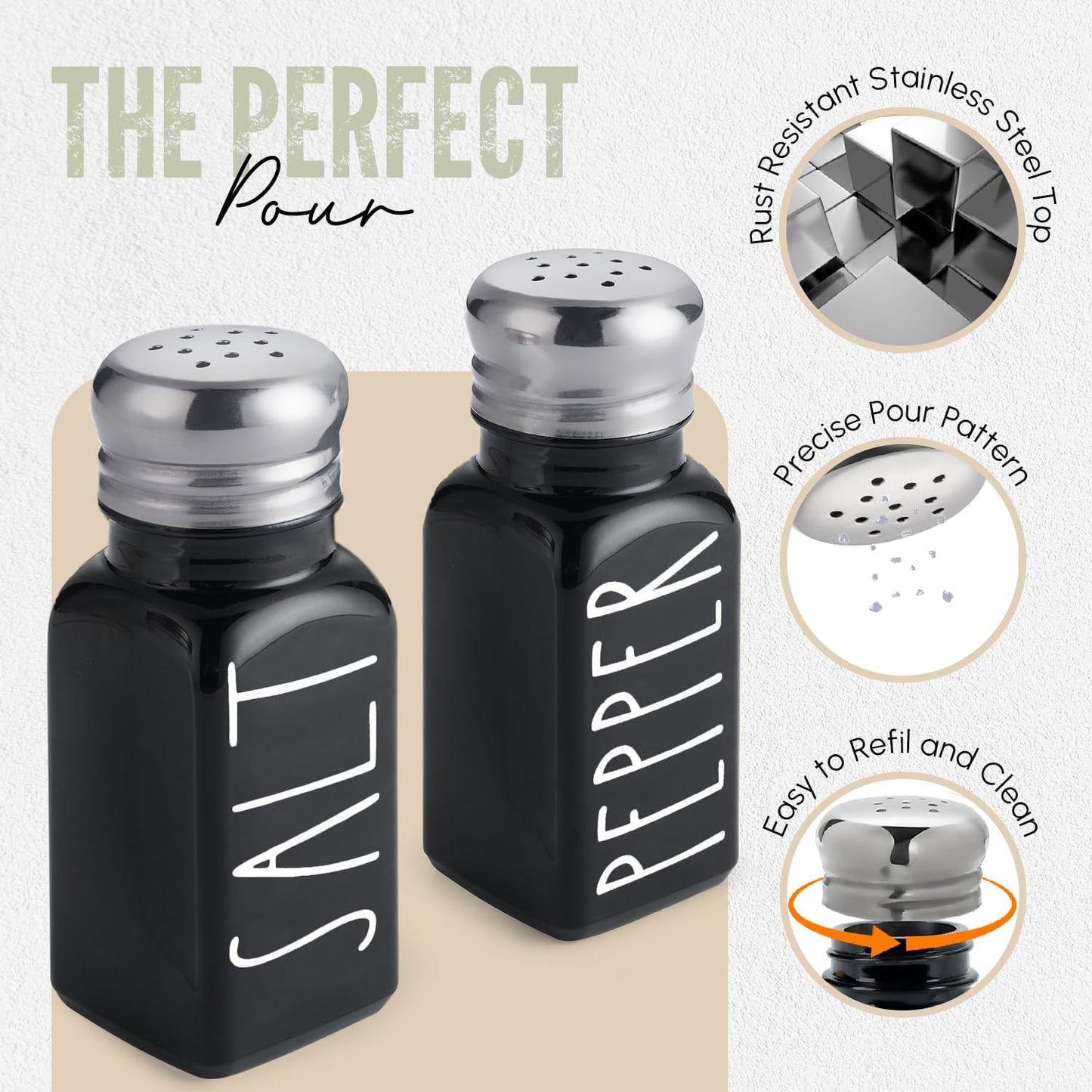 Black Salt and Pepper Shakers Set by Brighter Barns - Cute Kitchen Decor - Gothic or Halloween Kitchen Decor - Glass Shaker with Stainless Steel Lid for Home, Restaurant, Gifts (Black)