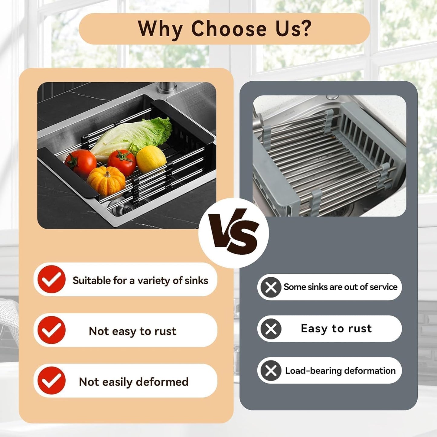 Cyrank Over The Sink Dish Drying Rack, Expandable Over Sink Grill Telescopic Drain Basket Kitchen Rack Drain Basket Sink Drying Rack(L#Black)