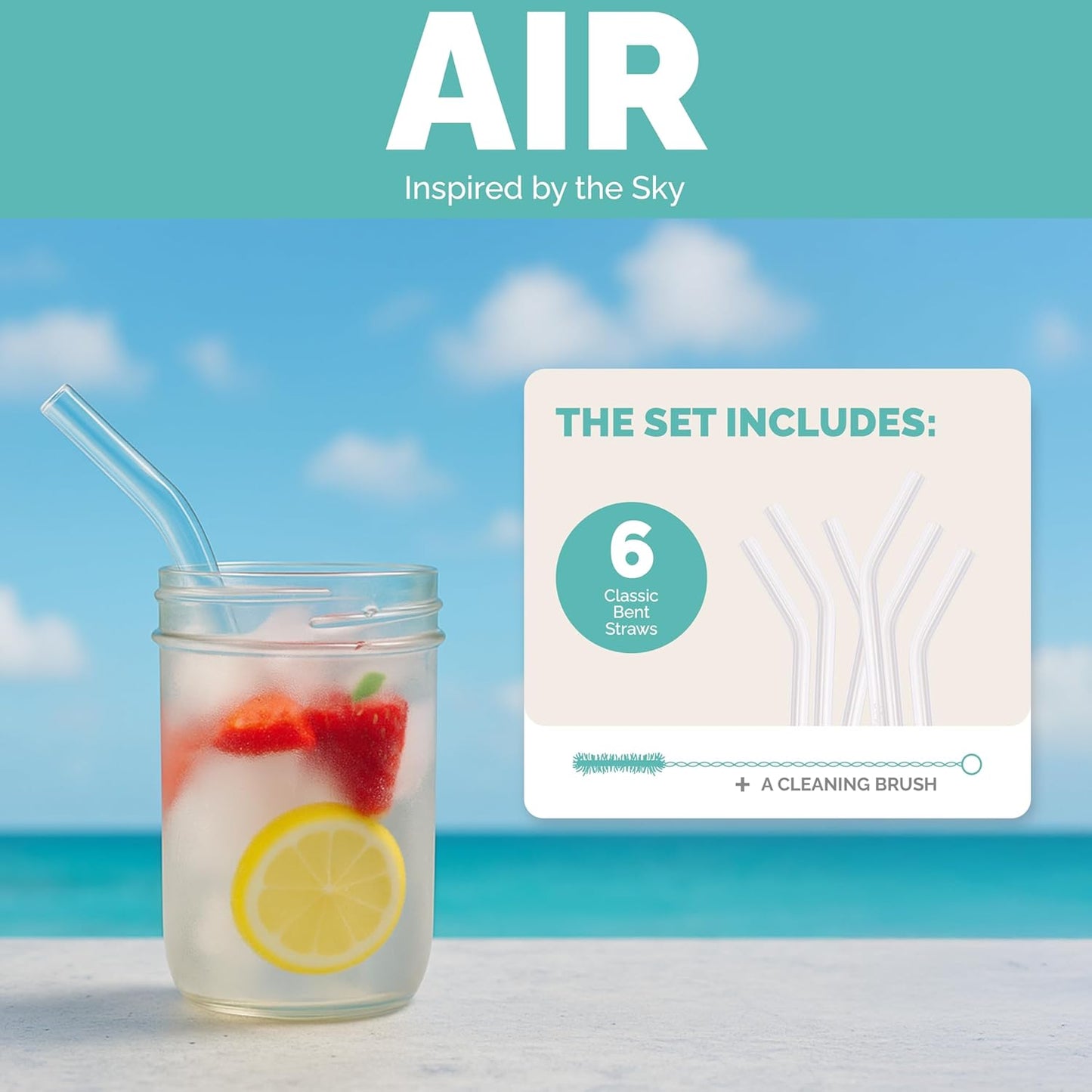 Simply Straws 6 Inch Glass Straws Bent (6-Pack) – Reusable Glass Straws for Low Balls & Stemless Glasses, with Cleaning Brush – Dishwasher Safe, Hot & Cold Use, BPA-Free (Air)