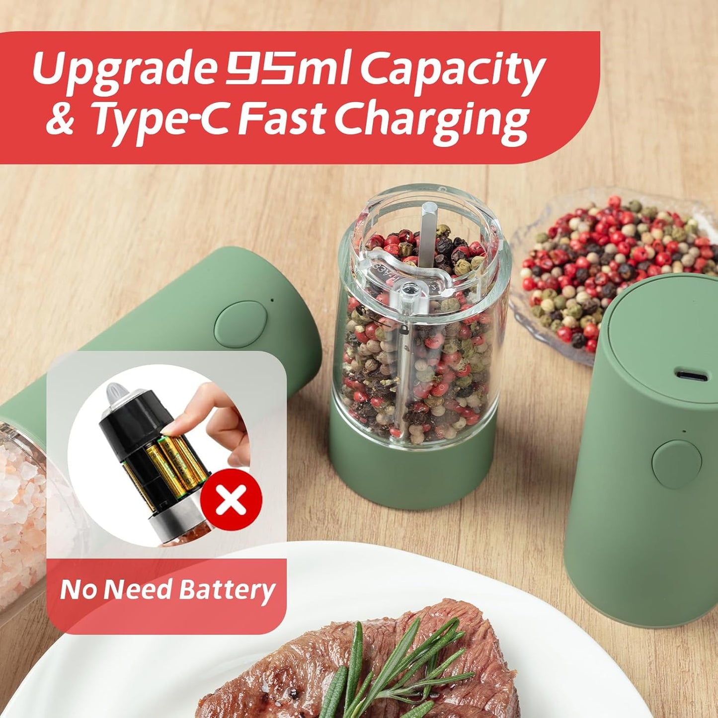 Electric Salt & Pepper Grinder Set (2 Pack) – USB Rechargeable, Adjustable Coarseness, One-Handed Operation with LED Light – Automatic Spice Mill Shaker for Kitchen, Dining, or Camping