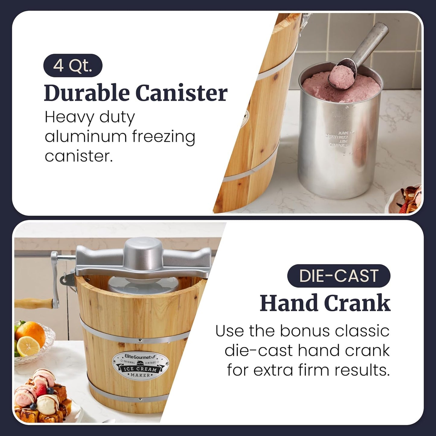 Elite Gourmet EIM402 Old Fashioned 4 Quart Vintage Wood Bucket Electric Ice Cream Maker Machine, Bonus Classic Die-Cast Hand Crank for Churning, Uses Ice and Rock Salt Churns Ice Cream in Minutes