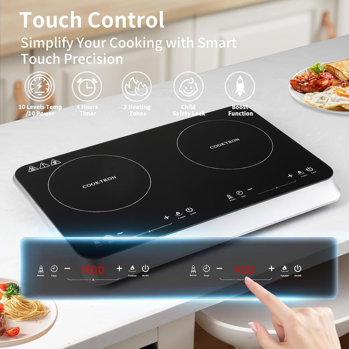 Double Induction Cooktop Burner with Fast Warm-Up Mode, 1800w 2 Burner with 10 Temperature 9 Power Settings, Portable Dual Induction Cooker Cooktop with Child Safety Lock & Time
