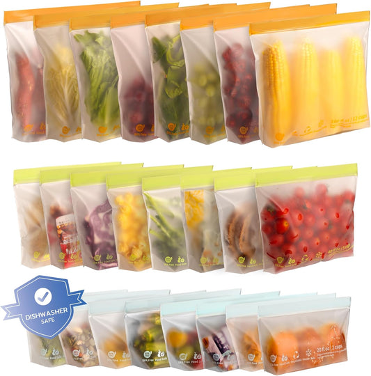 24 Pack Reusable Food Storage Bags,Leakproof Freezer Bags BPA Free Stand Up Sandwich Bags for Lunch Salad Fruit Travel,Dishwasher Safe(8 Gallon,8 Sandwich,8 Snack)